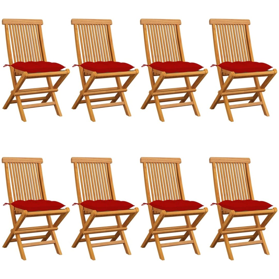 Trädgårdsstolar med röda dynor 8 st massiv teak vidaXL