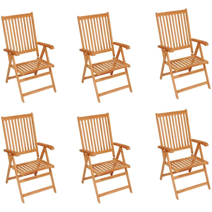 Trädgårdsstolar med rödrutiga dynor 6 st massiv teak vidaXL – bild 2