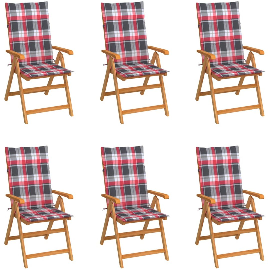 Trädgårdsstolar med rödrutiga dynor 6 st massiv teak vidaXL