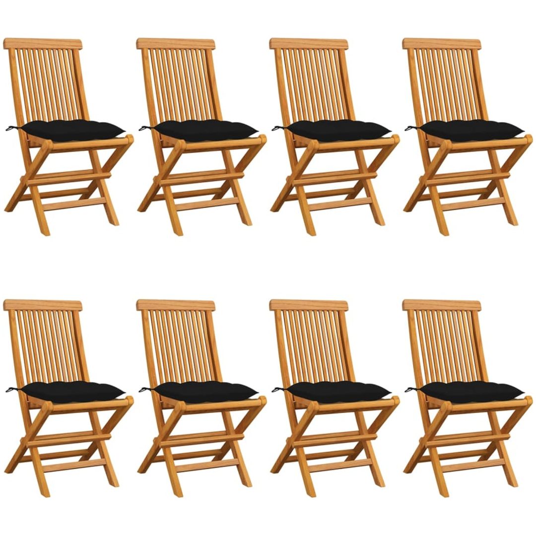 Trädgårdsstolar med svarta dynor 8 st massiv teak vidaXL