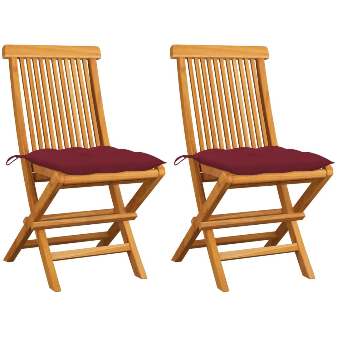 Trädgårdsstolar med vinröda dynor 2 st massiv teak vidaXL