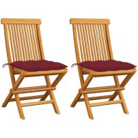 Trädgårdsstolar med vinröda dynor 2 st massiv teak vidaXL