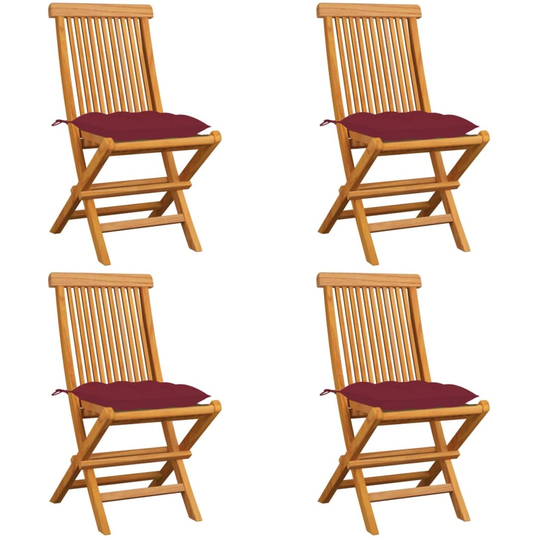 Trädgårdsstolar med vinröda dynor 4 st massiv teak vidaXL