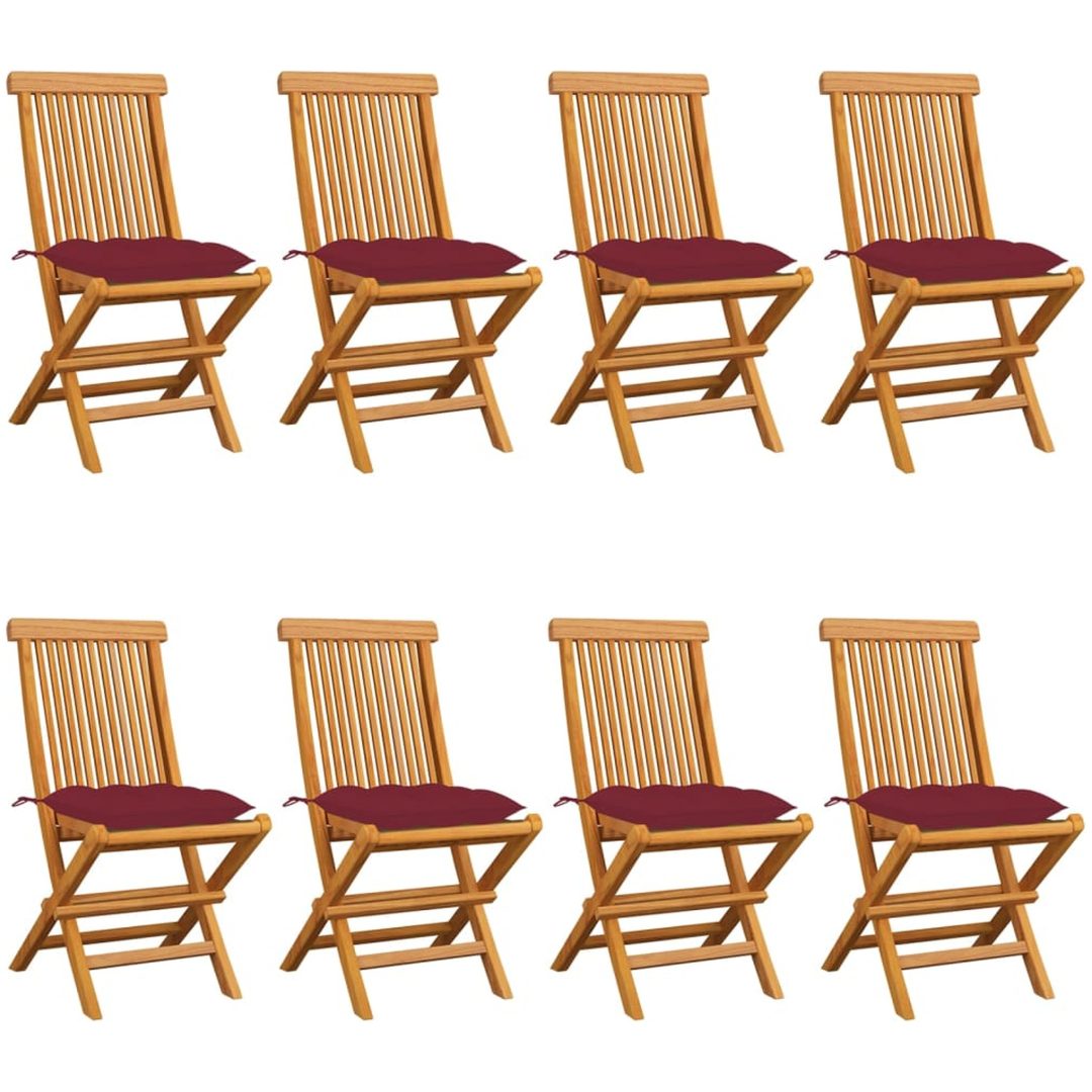 Trädgårdsstolar med vinröda dynor 8 st massiv teak vidaXL