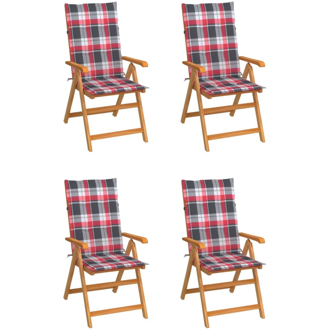 Trädgårdsstolar rödrutiga dynor 4 st massiv teak vidaXL