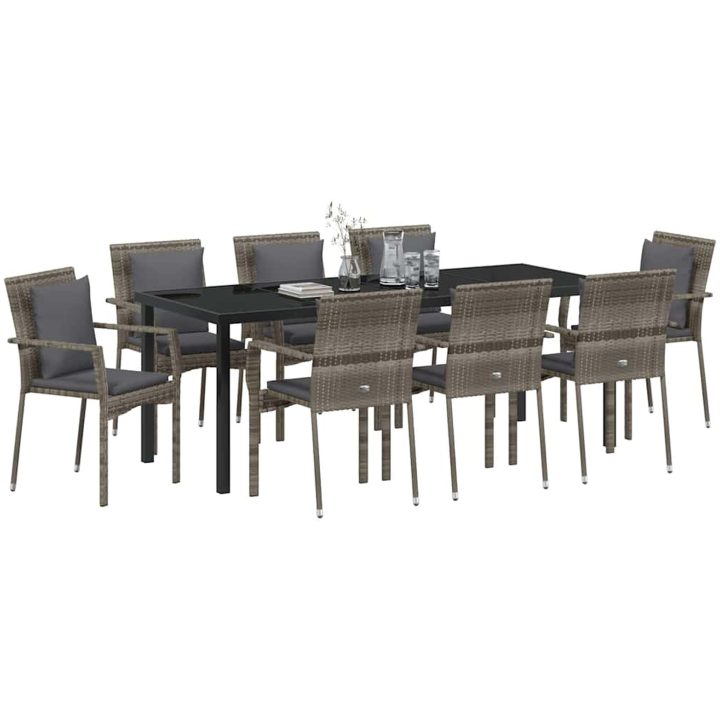 Trädgårdsstolar Set om 4 med kudde med kudde 9 pcs Grå vidaXL 200 x 80 x 73 cm – bild 3
