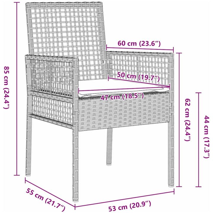 Trädgårdstolar 2 st med Kuddar Ljusgrå Poly Rattan vidaXL 53 x 60 x 85 cm – bild 10