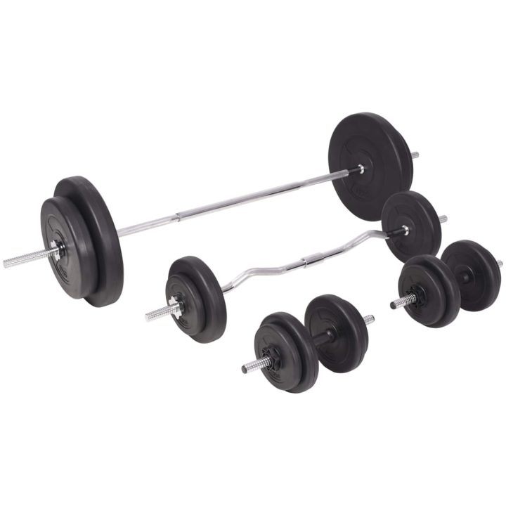 Träningsbänk set med viktställning skivstång och hantlar 90 kg vidaXL – bild 8