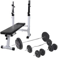 Träningsbänk set med viktställning skivstång och hantlar 90 kg vidaXL