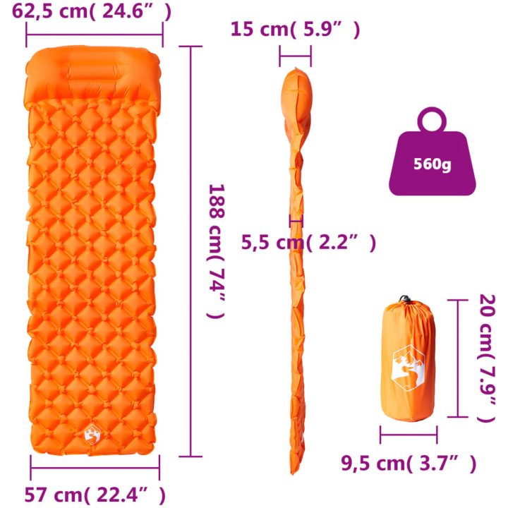 Uppblåsbar campingmadrass med kudde 1 person orange vidaXL – bild 6