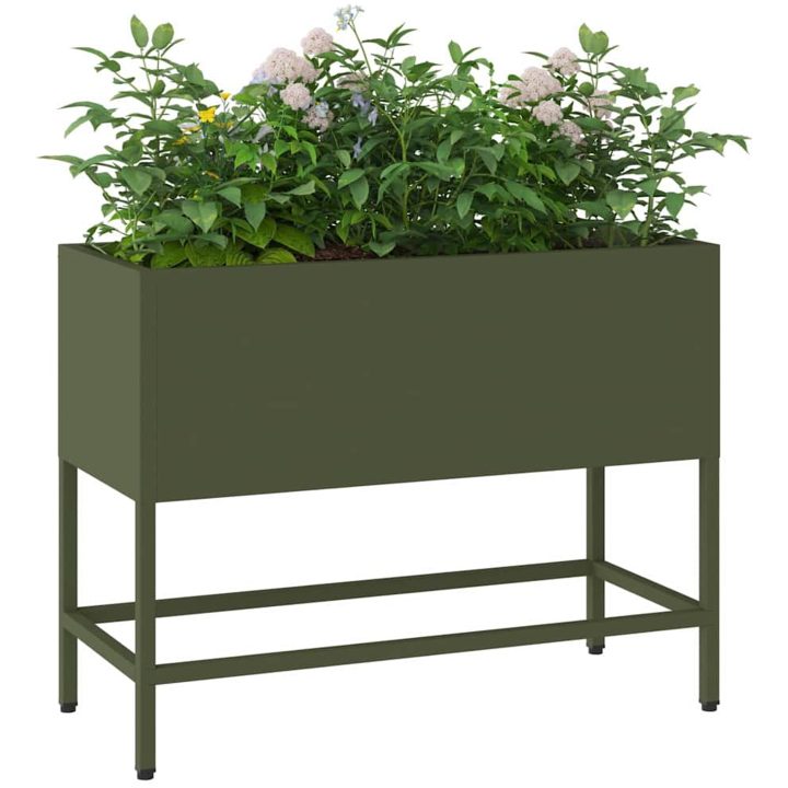 Upphöjd Trädgårdsplanterare Olivgrön Stål vidaXL 60 x 26 x 45 cm – bild 3