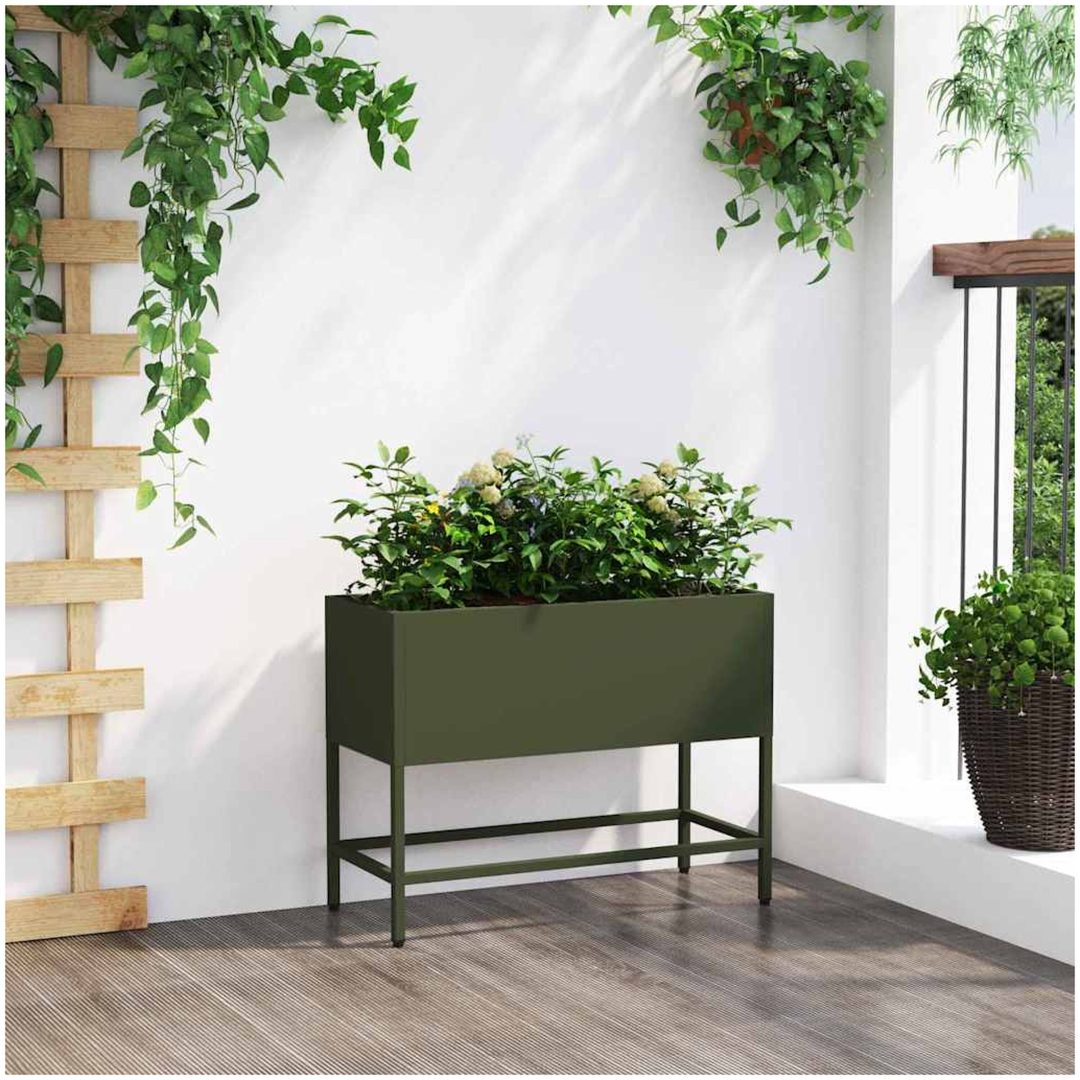 Upphöjd Trädgårdsplanterare Olivgrön Stål vidaXL 60 x 26 x 45 cm – bild 4
