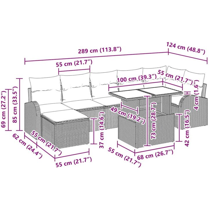 Utemöbelset i 8 delar med kuddar, svart polyrotting vidaXL 100 x 55 x 73 cm – bild 11