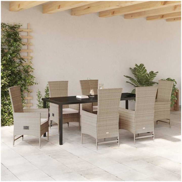 Utestolar Set med kudde Reclining 7 pcs Beige vidaXL 200 x 80 x 73 cm – bild 4