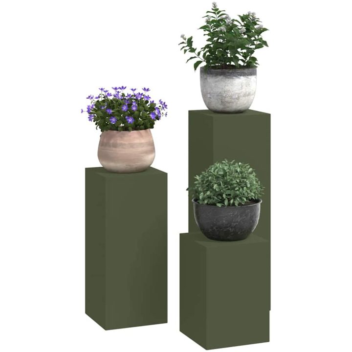 Uteväxter Ställningar Pelare 3 st Olivgrön Stål vidaXL 24 x 24 x 35 cm, 24 x 24 x 55 cm, 24 x 24 x 75 cm – bild 3