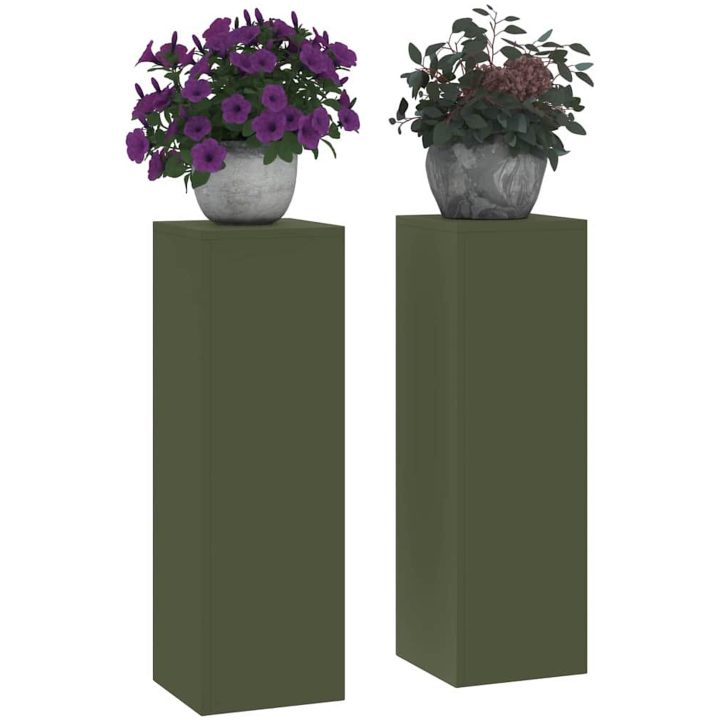Uteväxtställningar Pelare 2 st Olivgrön Stål vidaXL 24 x 24 x 75 cm – bild 3