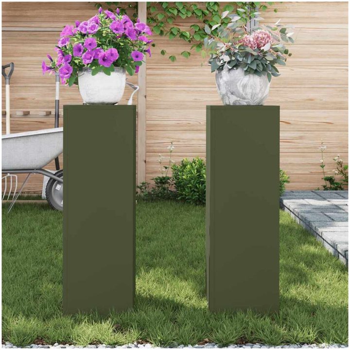 Uteväxtställningar Pelare 2 st Olivgrön Stål vidaXL 24 x 24 x 75 cm – bild 4