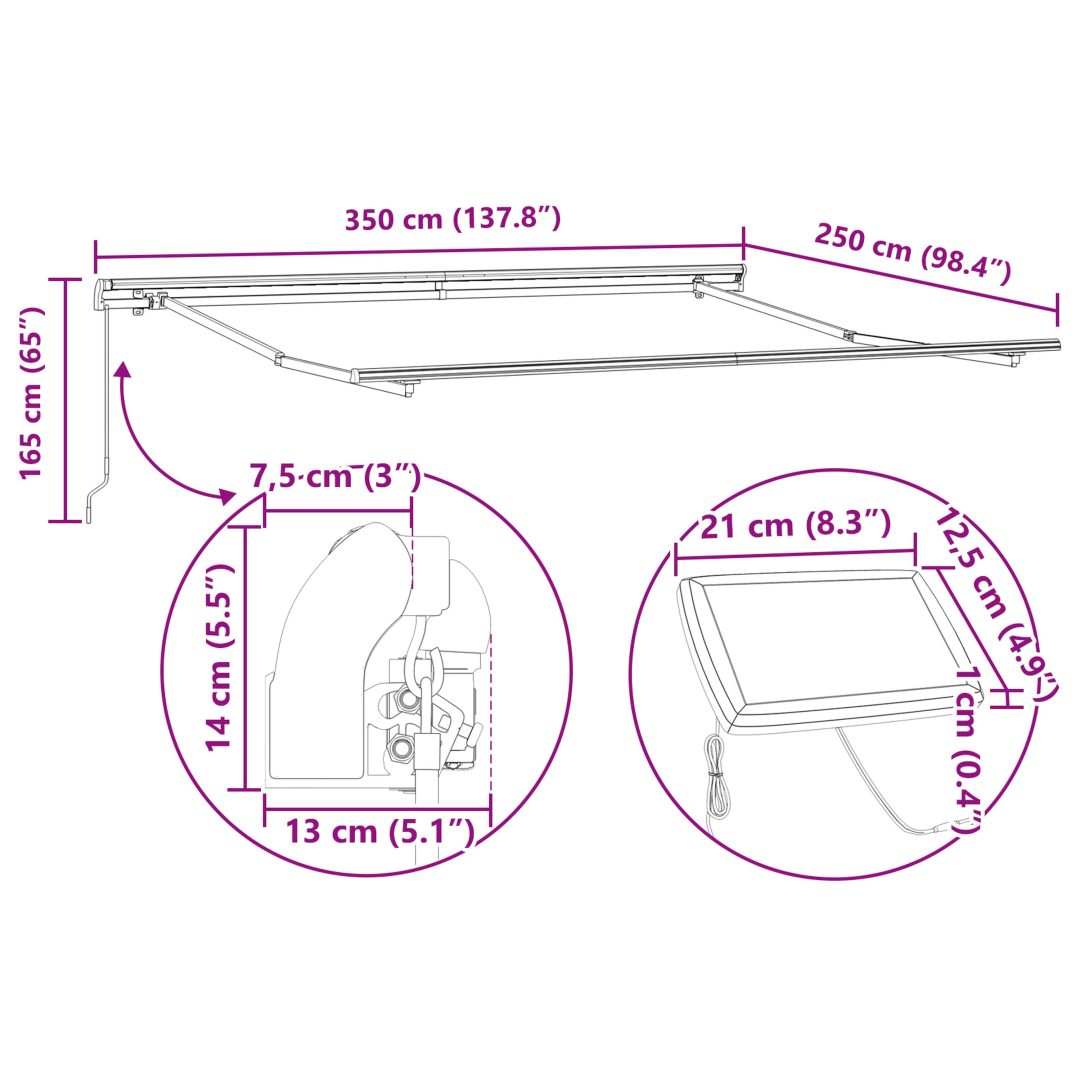 Utfällbar markis with Blå och vit Tyg och metall vidaXL 3.5 x 2.5 m – bild 12