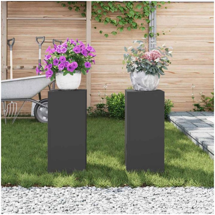 Utomhus Blomlådor Pelare 2 st Svart Stål vidaXL 24 x 24 x 55 cm – bild 4
