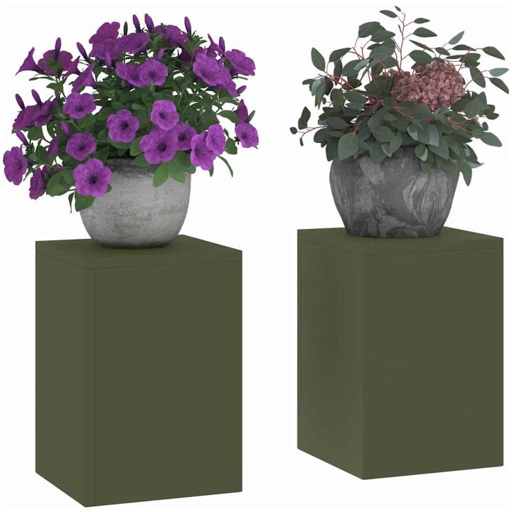 Utomhus Växtställ Pelare 2 st Olivgrön Stål vidaXL 24 x 24 x 35 cm – bild 3