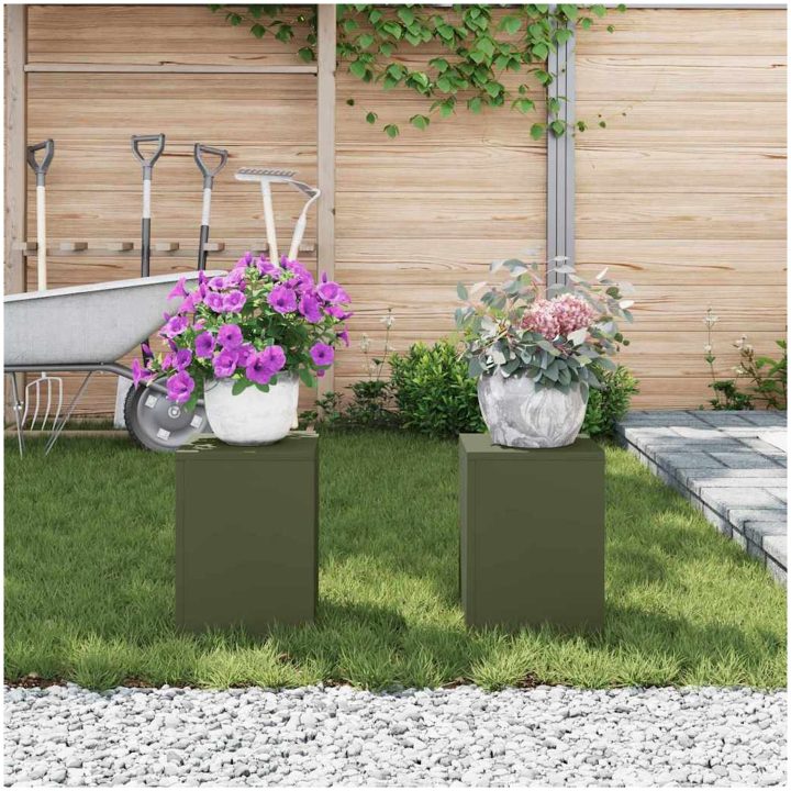 Utomhus Växtställ Pelare 2 st Olivgrön Stål vidaXL 24 x 24 x 35 cm – bild 4