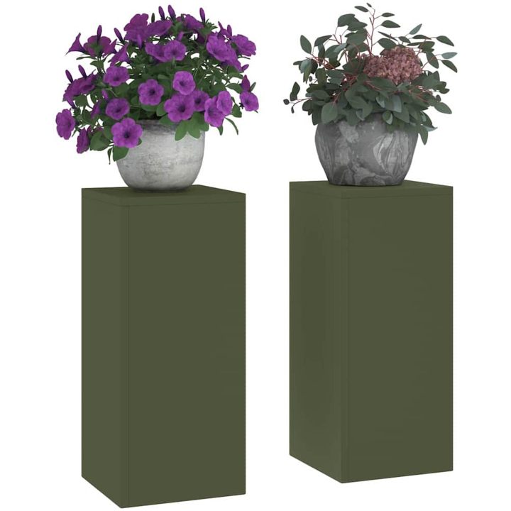 Utomhus Växtställning Pelare 2 st Olivgrön Stål vidaXL 24 x 24 x 55 cm – bild 3