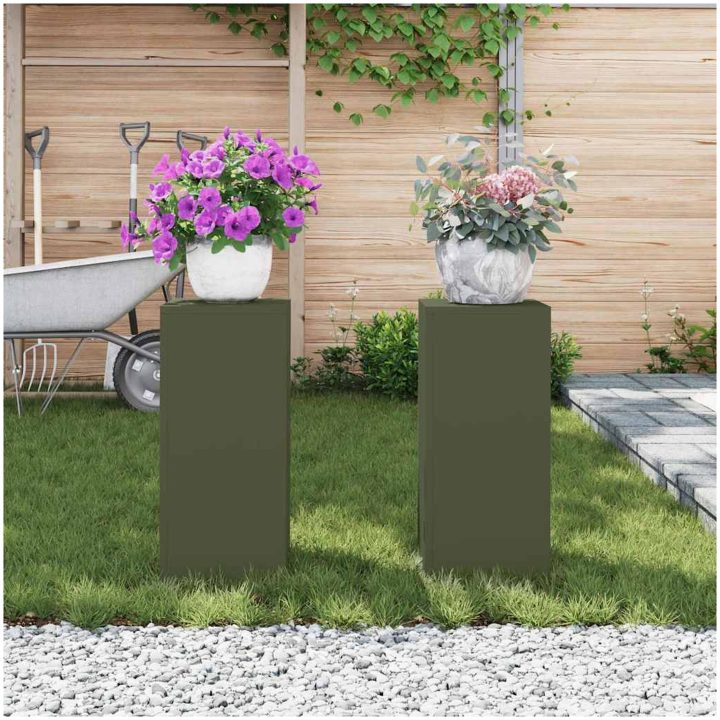 Utomhus Växtställning Pelare 2 st Olivgrön Stål vidaXL 24 x 24 x 55 cm – bild 4