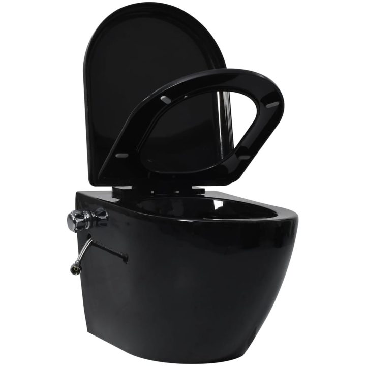 Vägghängd toalett kantlös med dold cistern keramik svart vidaXL 36 x 48 x 41,5 cm (b x d x h) – bild 3