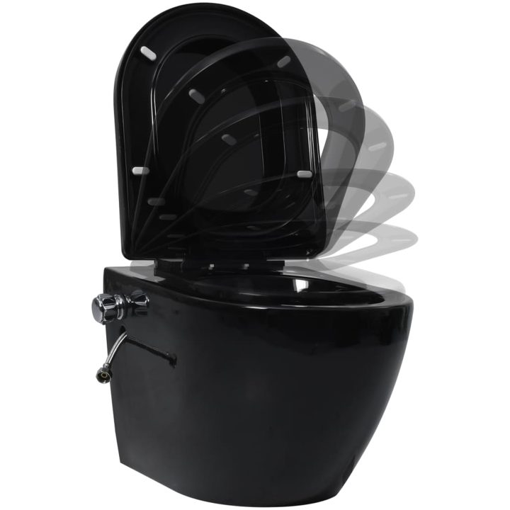 Vägghängd toalett kantlös med dold cistern keramik svart vidaXL 36 x 48 x 41,5 cm (b x d x h) – bild 4