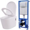 Vägghängd toalett med dold cistern keramik vit vidaXL 56 x 36 x 34 cm (b x d x h) – miniatyr 1