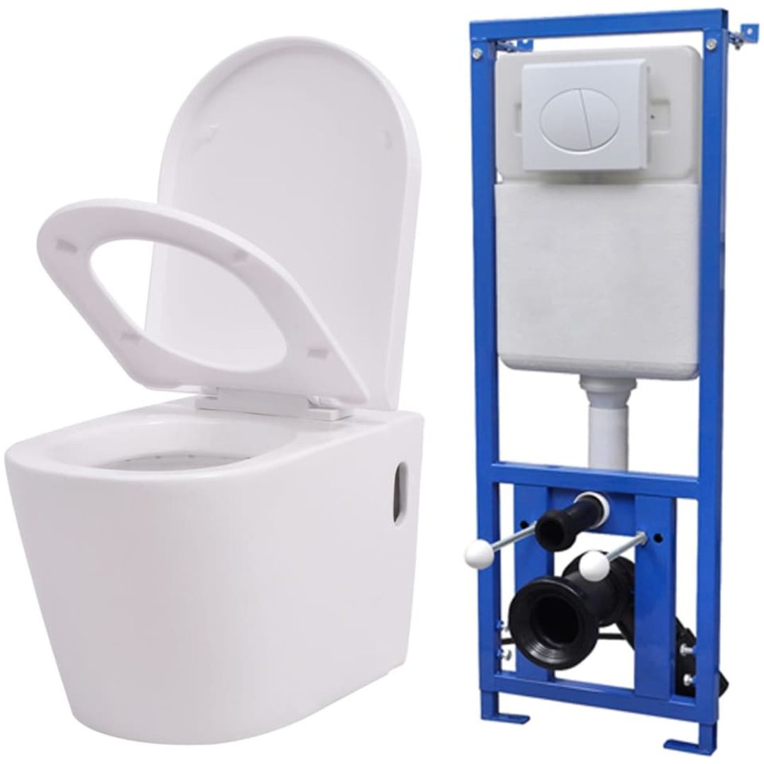 Vägghängd toalett med dold cistern keramik vit vidaXL 56 x 36 x 34 cm (b x d x h)