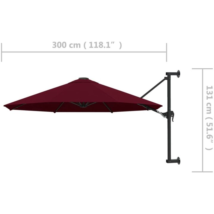 Väggmonterat parasoll med metallstång 300 cm vinröd vidaXL – bild 8