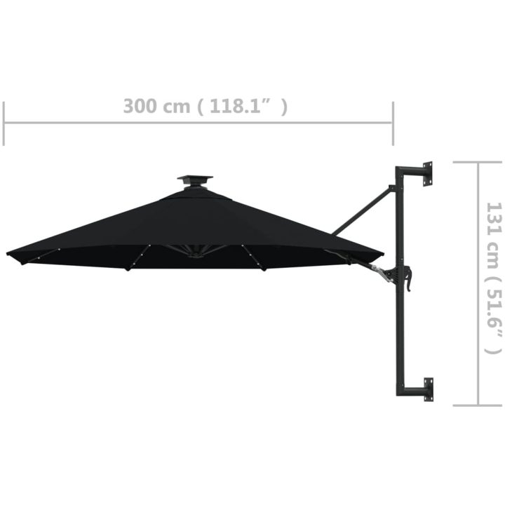 Väggmonterat trädgårdsparasoll med LEDs 300 cm svart vidaXL – bild 9