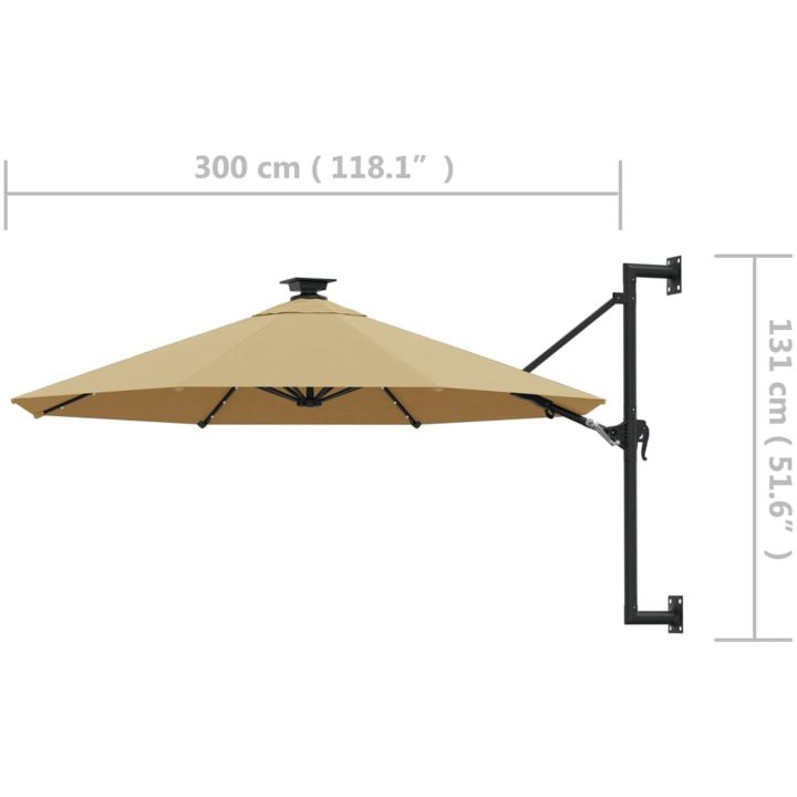 Väggmonterat trädgårdsparasoll med LEDs 300 cm taupe vidaXL – bild 9