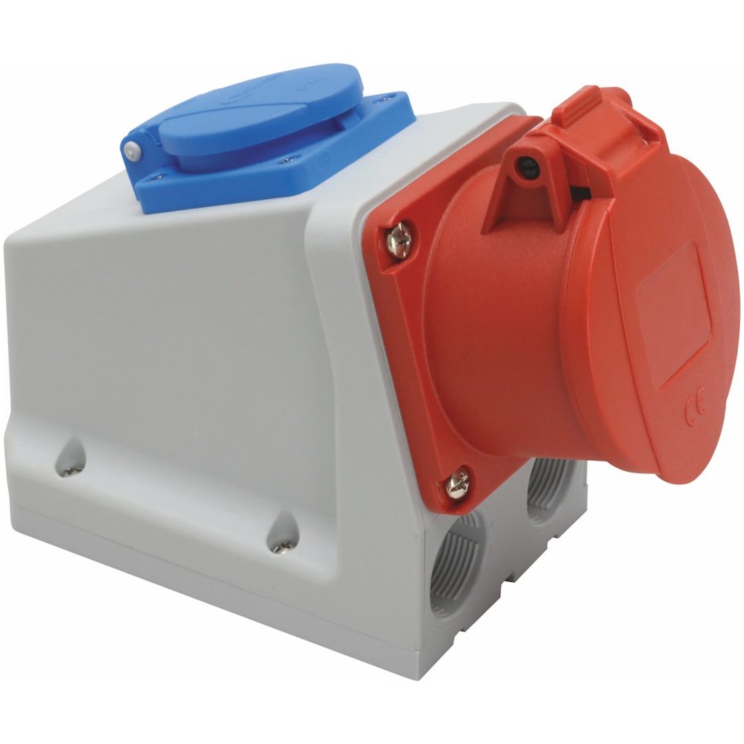 Vägguttag, 16A, 3P+N+J, 6h, 400V, IP44 med Schuko-uttag MALMBERGS