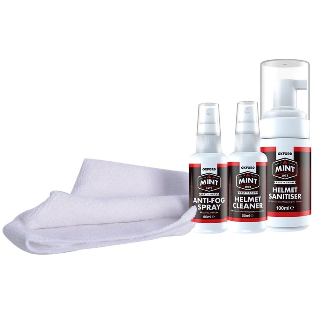 Vårdkit MC-Hjälm Vit/Klar OXFORD 1x Hjälmdesinfektionsmedel 1x Hjälmrengöring 1x Anti-Fog Sprej 1x Mikrofiberduk – bild 2