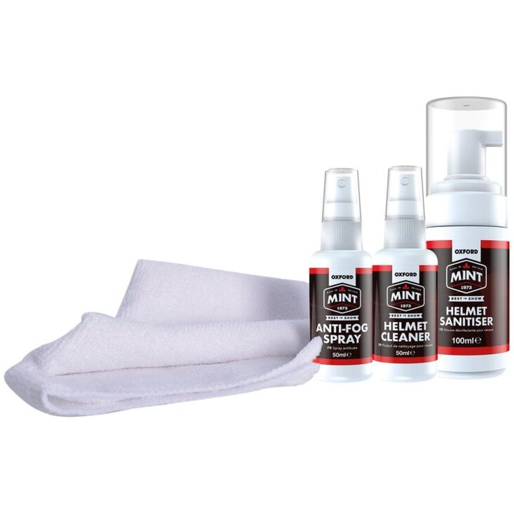Vårdkit MC-Hjälm Vit/Klar OXFORD 1x Hjälmdesinfektionsmedel 1x Hjälmrengöring 1x Anti-Fog Sprej 1x Mikrofiberduk – bild 2