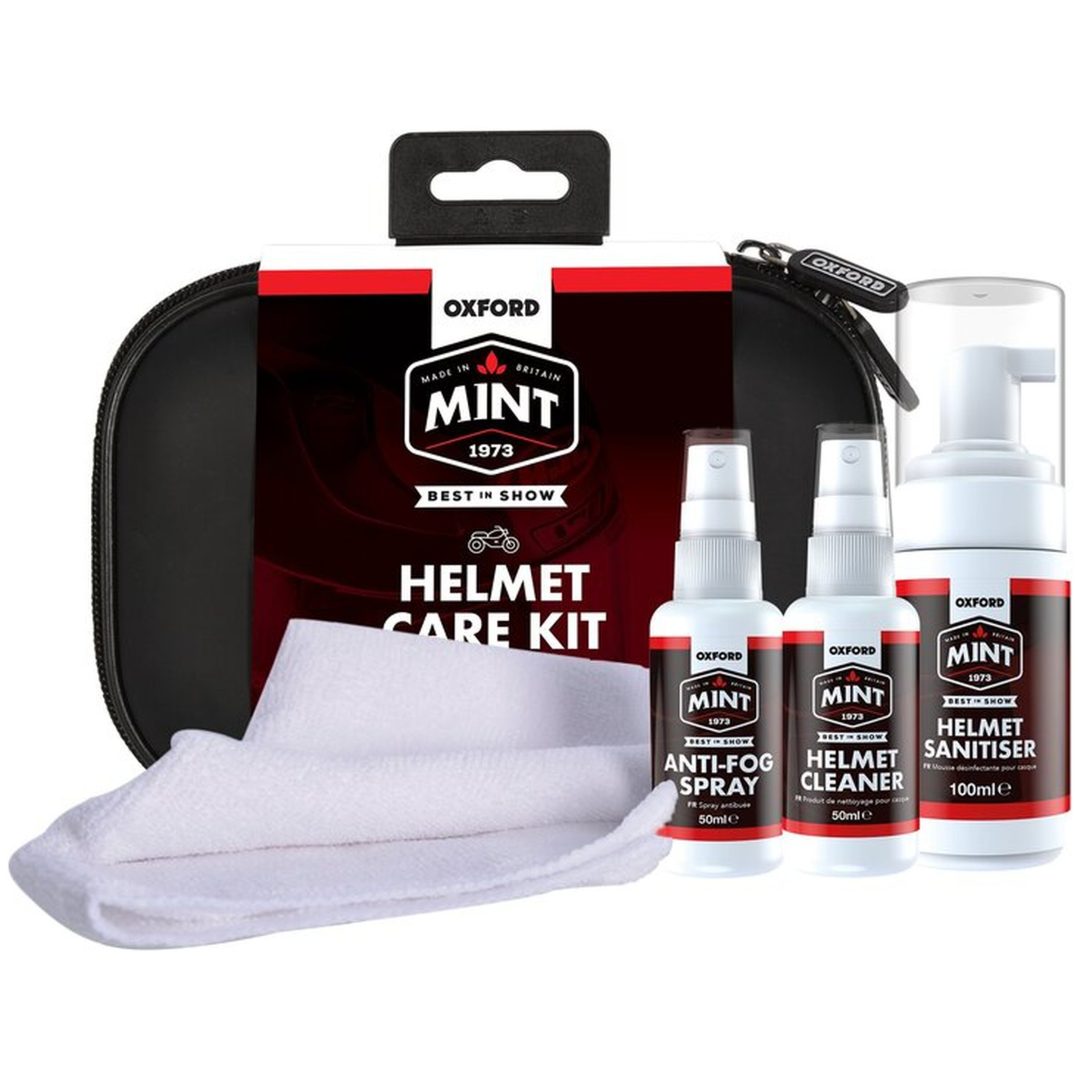 Vårdkit MC-Hjälm Vit/Klar OXFORD 1x Hjälmdesinfektionsmedel 1x Hjälmrengöring 1x Anti-Fog Sprej 1x Mikrofiberduk