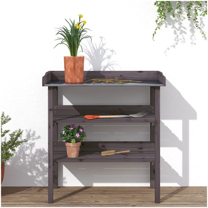 Växtbord med hyllor grå 78x38x82,5 cm massivt granträ vidaXL – bild 3