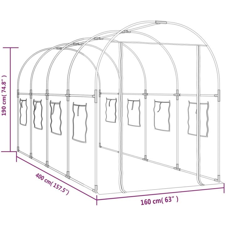 Växthus genomskinligt 160x400x190 cm PVC & pulverlackerat stål vidaXL 400 cm – bild 6