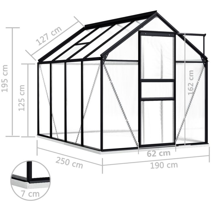 Växthus med basram antracit aluminium 4,75 m² vidaXL 190 x 250 x 202 cm – bild 7