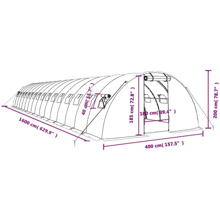 Växthus med stålram grön 64 m² vidaXL 16 x 4 x 2 m – bild 12