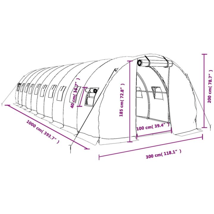Växthus med stålram vit 30 m² vidaXL 10 x 3 x 2 m – bild 12