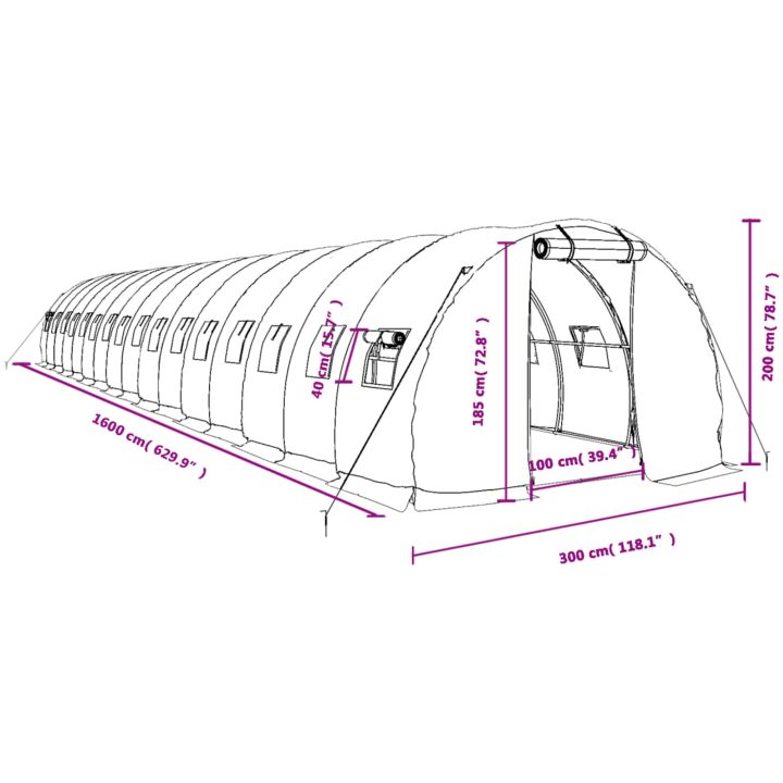 Växthus med stålram vit 48 m² vidaXL 16 x 3 x 2 m – bild 12