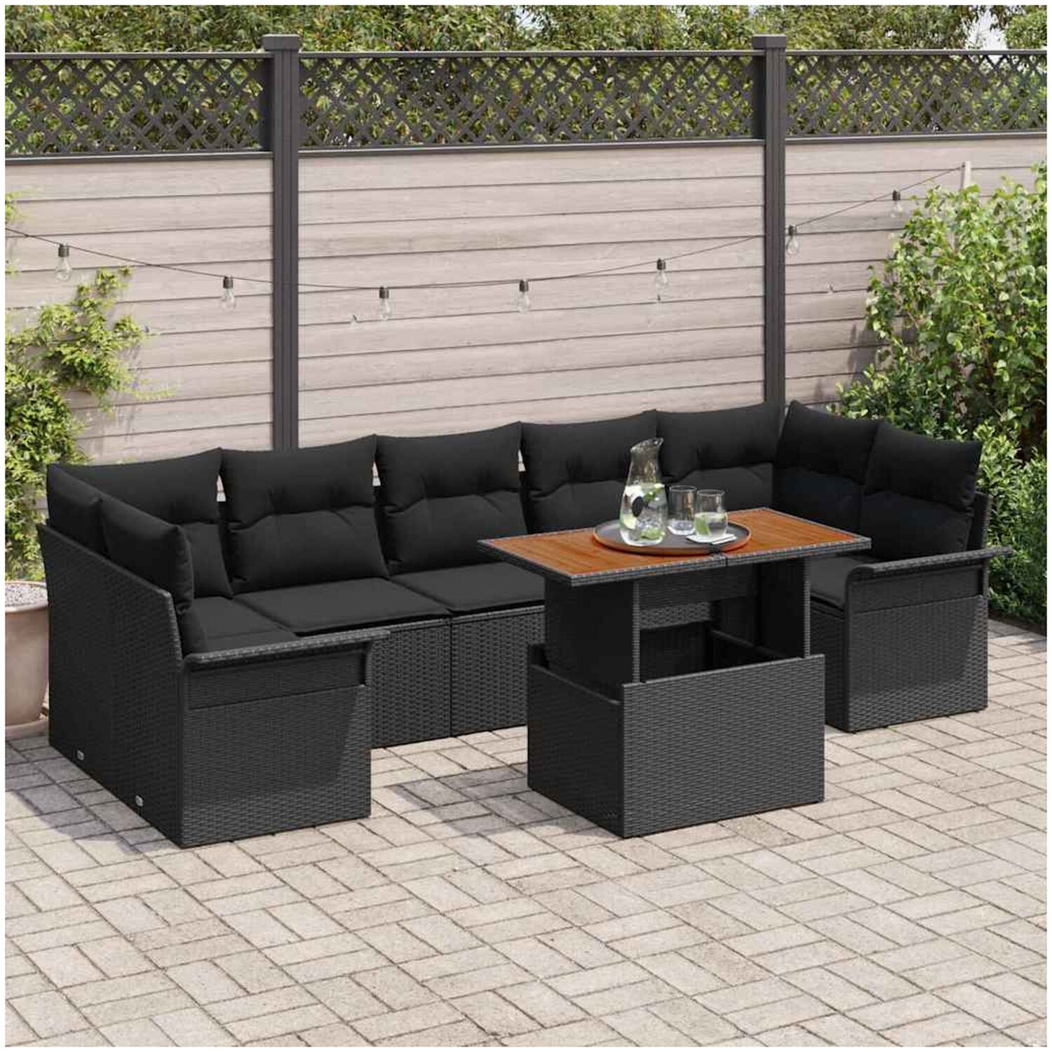 Trädgårdsmöbelset vidaxl - 8 delat trädgårdsoffaset med kuddar svart poly rattan stor naturlig rattang