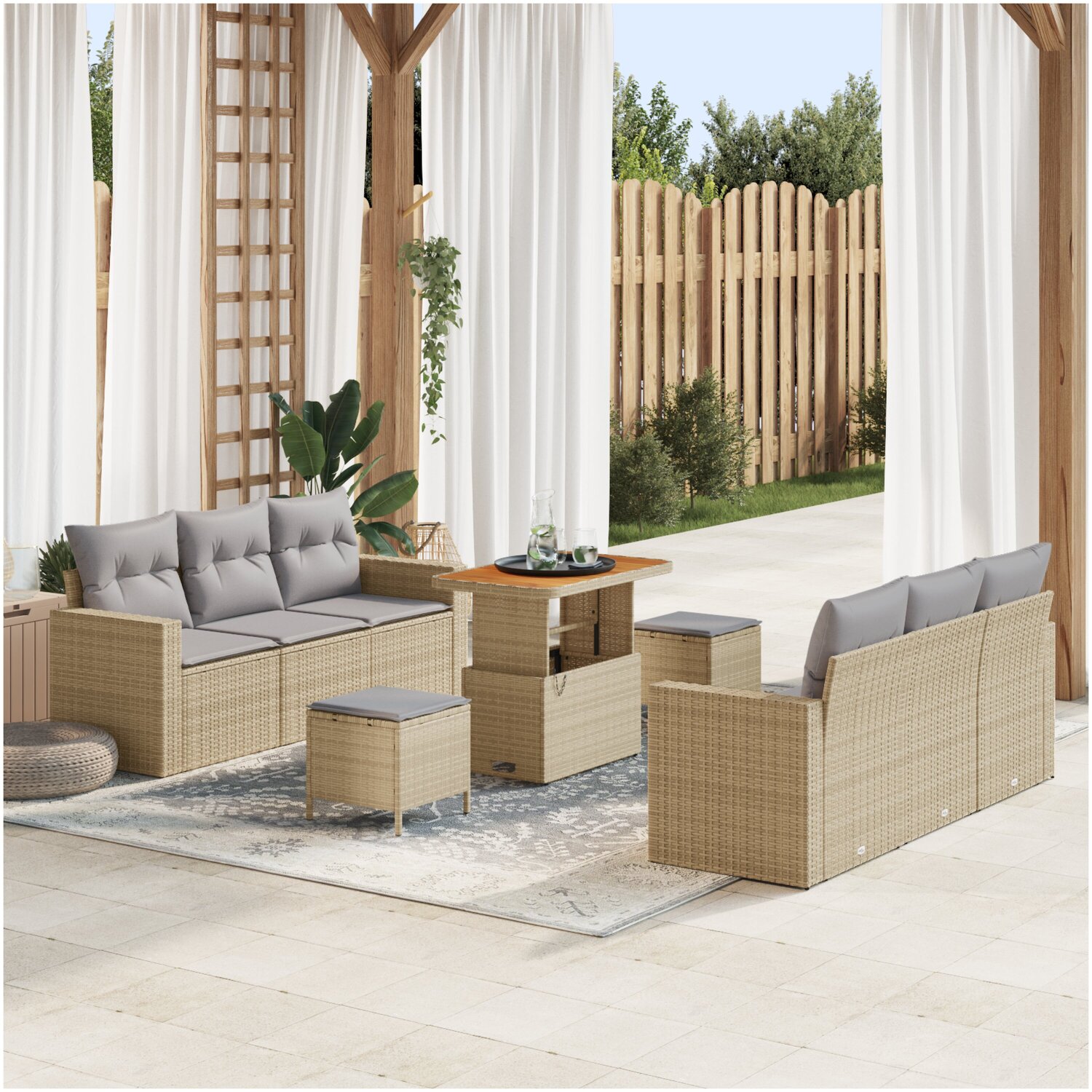 Trädgårdssoffset vidaxl - 9 delad trädgårdsoffagrupp med kuddar beige poly rattan akacia standard naturlig