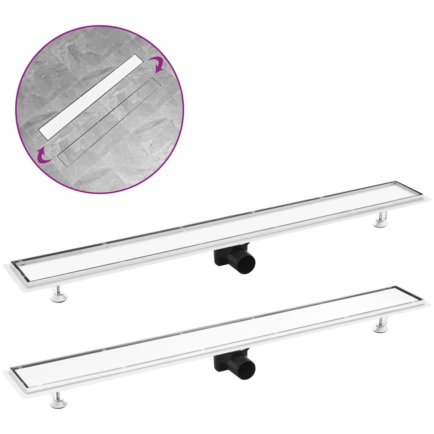 Golvbrunn vidaxl - Med 2 i 1 kakelinlägg rostfritt stål 103 x 14 cm silver