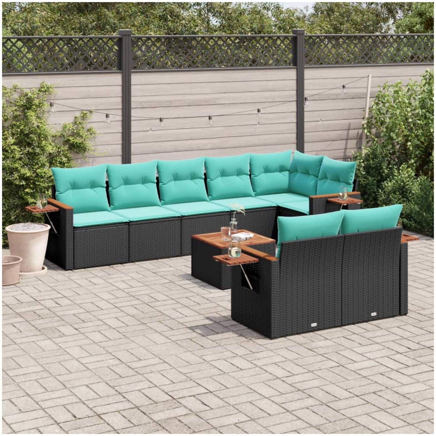 Sofagruppe vidaxl - Soffgrupp för trädgården med dynor 9 delar svart konstrotting