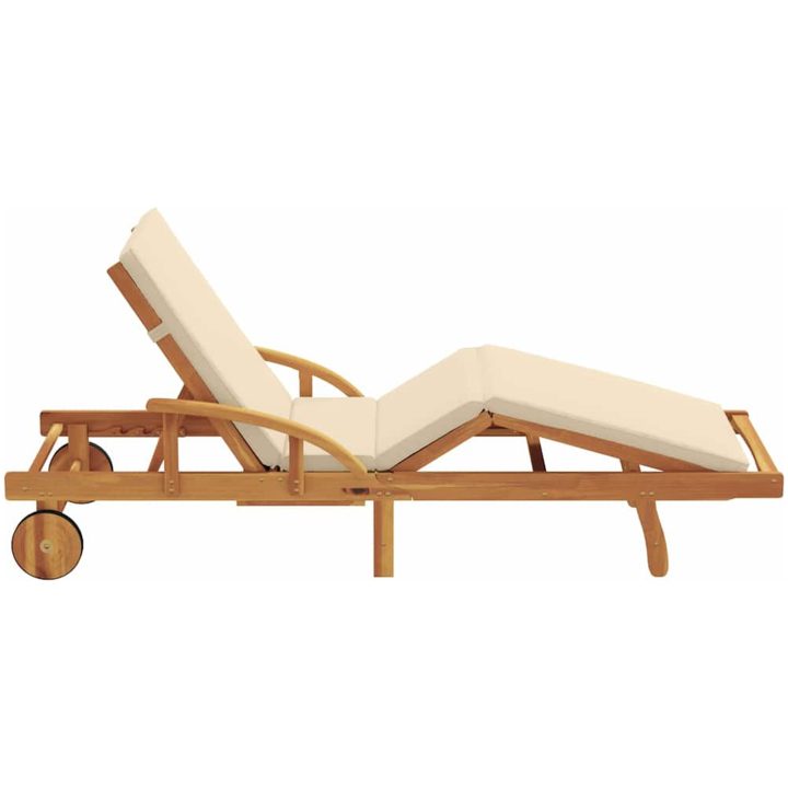 Vikbar solsäng med hjul & kudde beige massivt akaciaträ vidaXL 200 x 67 x 84 cm – bild 5