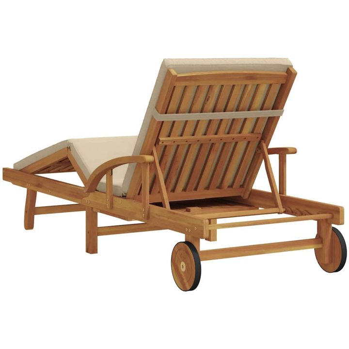 Vikbar solsäng med hjul & kudde beige massivt akaciaträ vidaXL 200 x 67 x 84 cm – bild 6